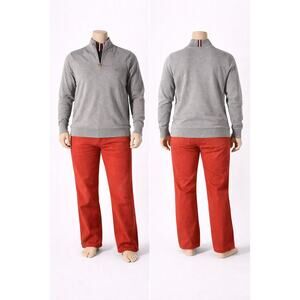 Tommy Hilfiger Mens Gray L Quarter Zip Cotton Sweater Pullover Flag Logo Classic